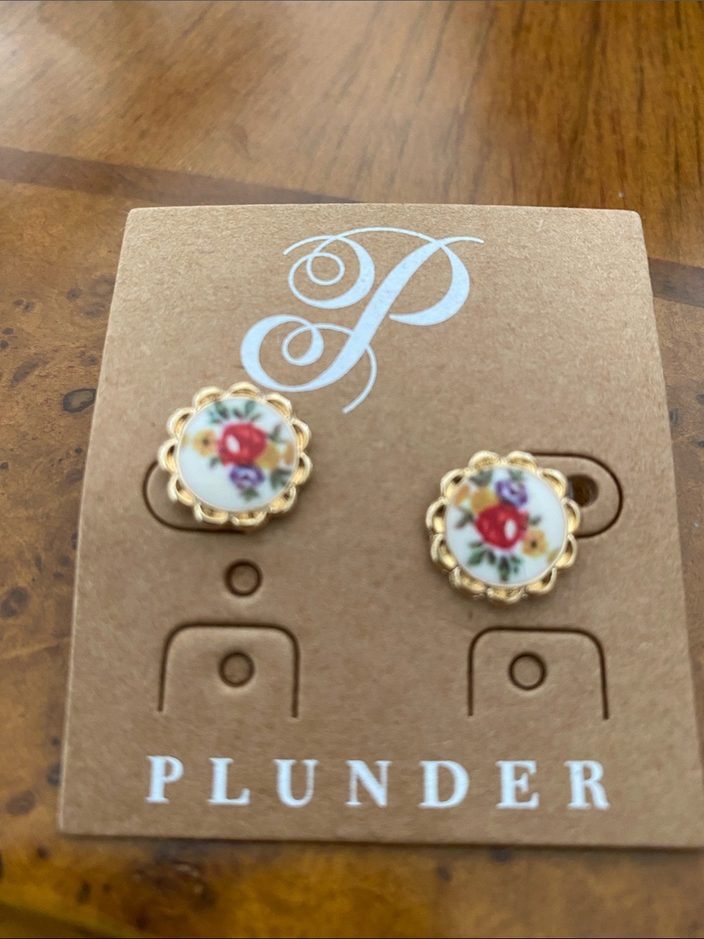 Plunder Gold Floral Porcelain Stud Earrings - Red and Green Accents